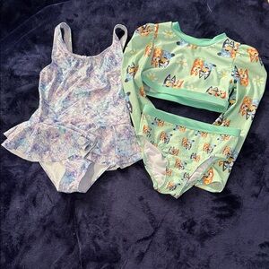 Girls Mint Fox Print Rash Guard Bikini Set & Lilac Mermaid Skirted Swimsuit